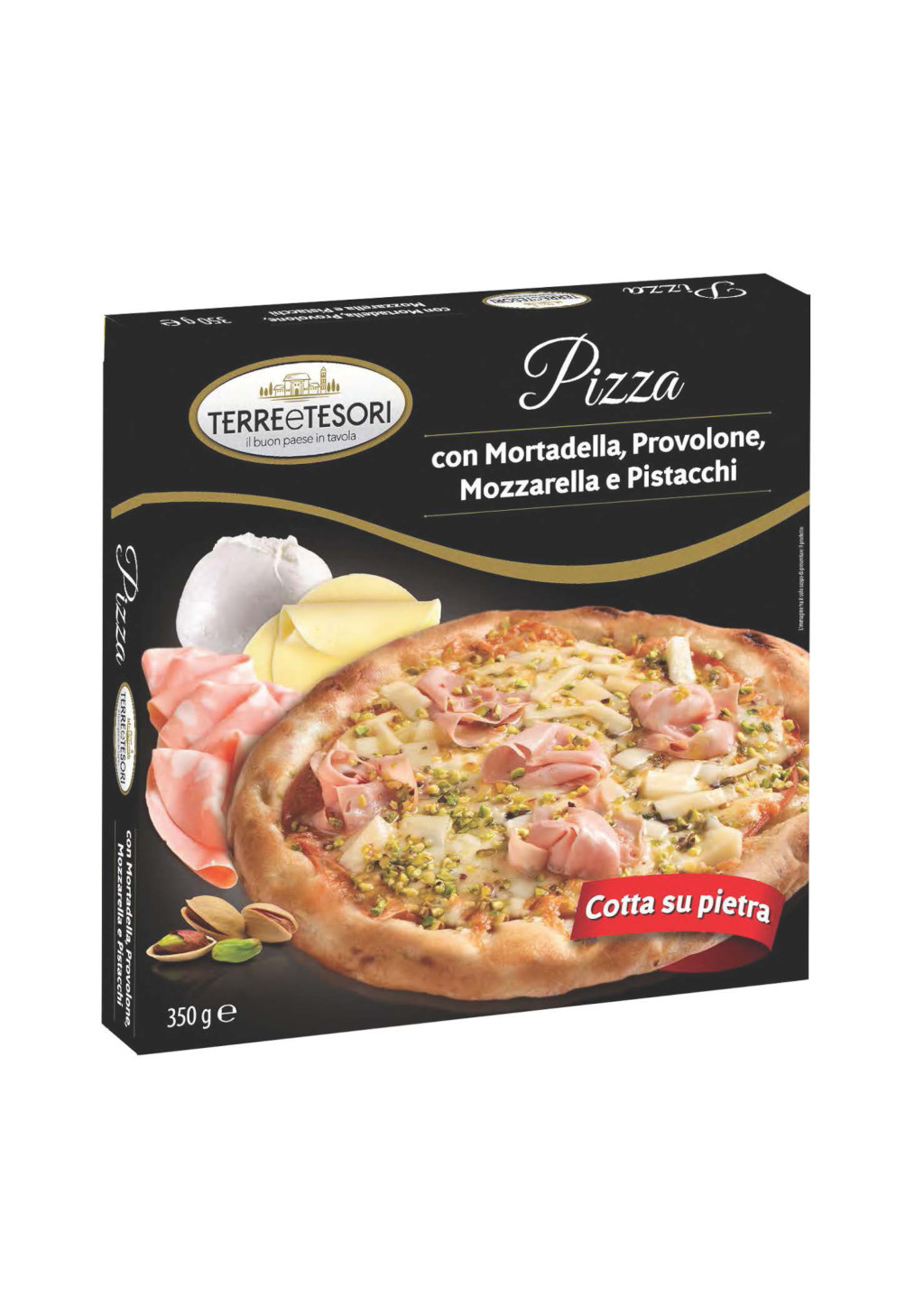 TERRE E TESORI - Pizza surgelata.
Pizza con mortadella, provolone, mozzarella e pistacchi 350 g.